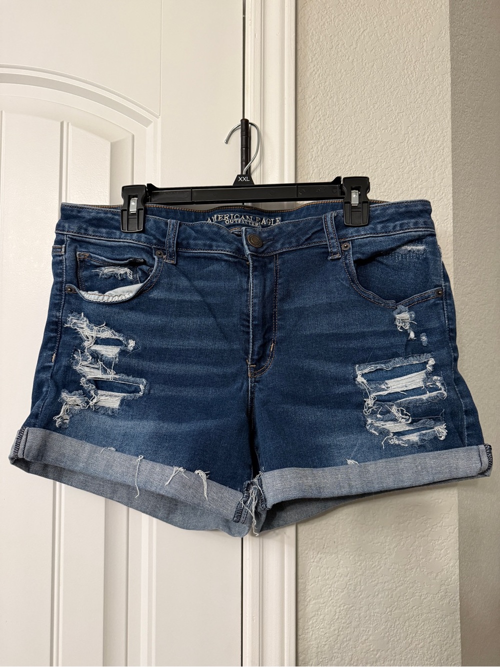 American Eagle Outfitters Distressed Dark Blue Denim Cuffed Shorts
